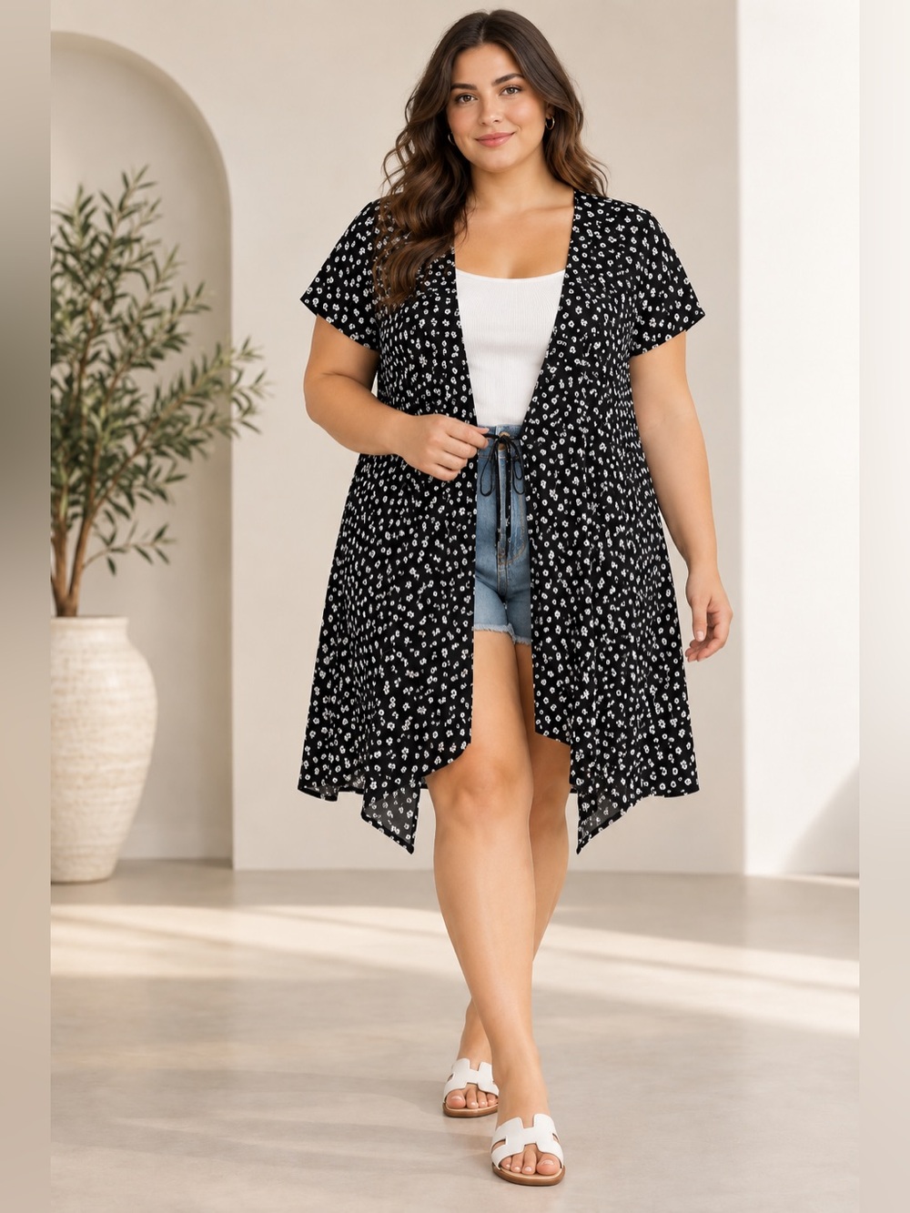 H&M Divided Black Floral Open Front Kimono Shrug Women’s XL